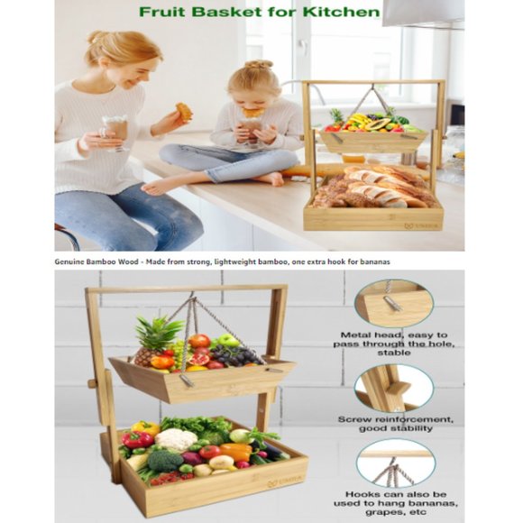 2-Tier Hanging Wooden Fruit Basket & Veggie Stand w/ Adjustable Height - Picture 8 of 10